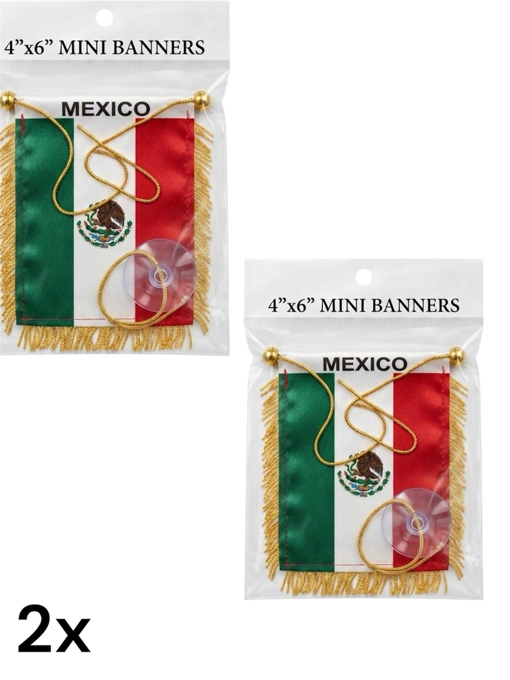 Mexico Mini Banner Car Flag with Gold Fringe - Pack of 2